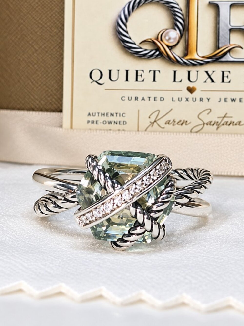 David Yurman Cable Wrap Prasiolite & Diamond Ring Sterling Silver Size 8